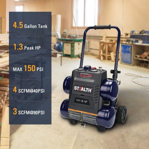  Stealth Ultra Quiet Air Compressor, 64 Decibel 4.5 Gallon Peak 1.3 HP Max 150 PSI, Oil-Free Air Pump, 3 CFM @ 90 PSI Portable Air Compressor W/Wheel for Garage, Workshop, Jobsite