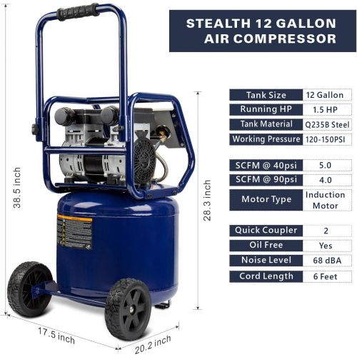  [아마존베스트]Stealth 12 Gallon Ultra Quiet Air Compressor, 1.5 HP Oil-Free Peak 150 PSI 68 Decibel Air Pump, 4 CFM @ 90 PSI, Long Life Electric Air Compressor W/Wheels for Garage, Workshop, Job