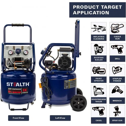  [아마존베스트]Stealth 12 Gallon Ultra Quiet Air Compressor, 1.5 HP Oil-Free Peak 150 PSI 68 Decibel Air Pump, 4 CFM @ 90 PSI, Long Life Electric Air Compressor W/Wheels for Garage, Workshop, Job