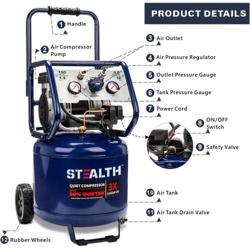  [아마존베스트]Stealth 12 Gallon Ultra Quiet Air Compressor, 1.5 HP Oil-Free Peak 150 PSI 68 Decibel Air Pump, 4 CFM @ 90 PSI, Long Life Electric Air Compressor W/Wheels for Garage, Workshop, Job