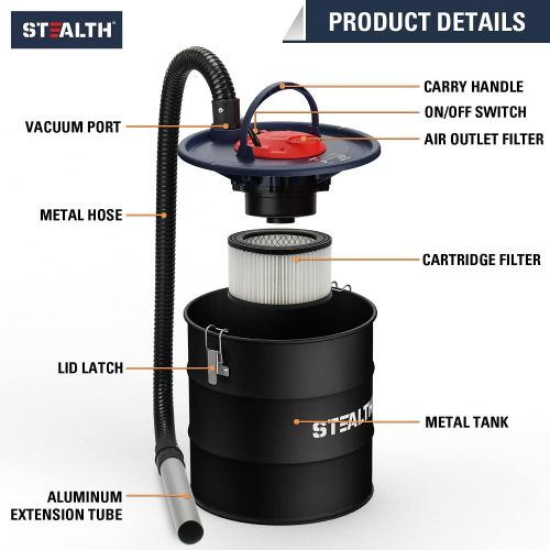  STEALTH 4.8 Gallon Ash Vacuum, Portable Ash Vac with Powerful Suction for Fireplaces, Wood Burning Stoves, Bonfire Pits, Pellet Stoves, Model: EMV05S