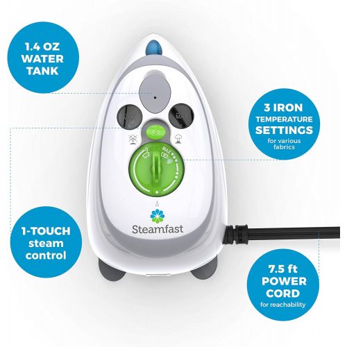  [아마존베스트]Steamfast SF-717 Mini Steam Iron with Dual Voltage Travel Bag, Non-Stick Soleplate, Anti-Slip Handle, Rapid Heating, 420W Power, White