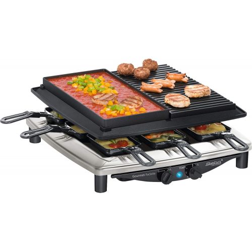  Steba Premium Raclette RC 4 Plus Deluxe Chrom | Made IN Germany | Antihaft-Druckguss-Grillplatte | Natursteingrillplatte, schneid- und Kratzfest | Inkl. wendbarer Guss-Pfanne mit g