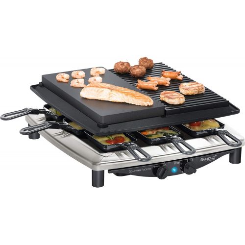  Steba Premium Raclette RC 4 Plus Deluxe Chrom | Made IN Germany | Antihaft-Druckguss-Grillplatte | Natursteingrillplatte, schneid- und Kratzfest | Inkl. wendbarer Guss-Pfanne mit g