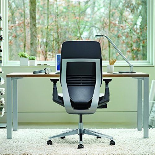  Steelcase Gesture Office Chair - Cogent Connect Nickel Upholstered Wrapped Back Black Frame High Seat Black Seat/Back/Arms Hard Floor Caster Wheels