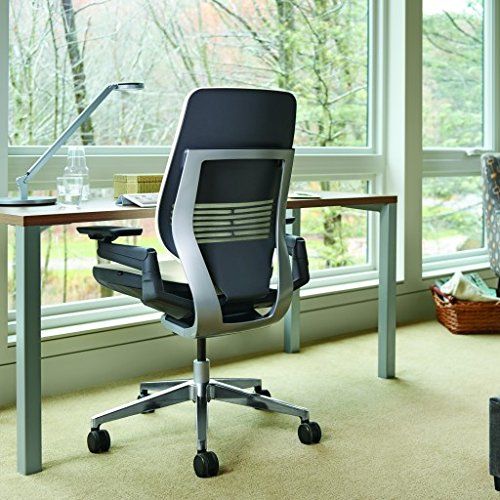  Steelcase Gesture Office Chair - Cogent Connect Nickel Upholstered Wrapped Back Black Frame High Seat Black Seat/Back/Arms Hard Floor Caster Wheels