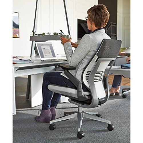  Steelcase Gesture Office Chair - Cogent Connect Blueprint Upholstered Wrapped Back Platinum Metallic Frame High Seat Light Seagull Seat/Back Dark Merle Arms Hard Floor Caster Wheel