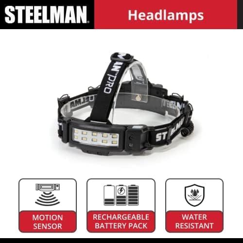  Steelman Pro Slim Profile Rechargeable LED Motion Activated Headlamp, 250-Lumen, 3 Brightness Settings, Illuminates up to 20 Meters, Removable Hard Hat Clips, Water-Resistant