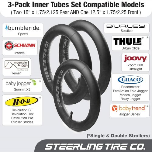  Steerling Tire Co. Two 16 x 1.5/1.75 R and One 12.5 x 1.75/2.15 F Premium Explosion Proof Inner Tire Tube for All BOB Revolution & Stroller Strides - BOB Stroller Tire Replacement Set [3 Pack] Steerl