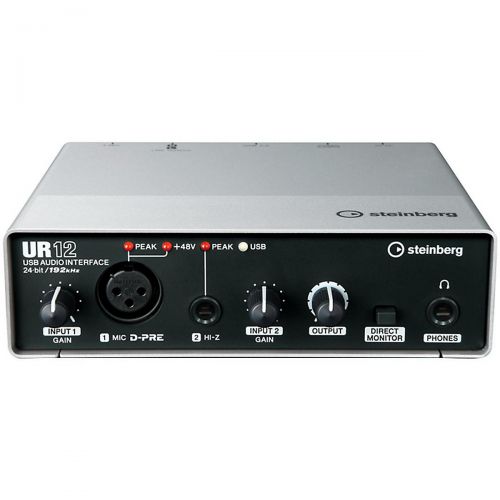  Steinberg},description:The Steinberg UR12 is a 2-in and 2-out USB 2.0 audio interface featuring the world renowned D-PRE microphone preamp. Record and vocal and a guitar simultaneo