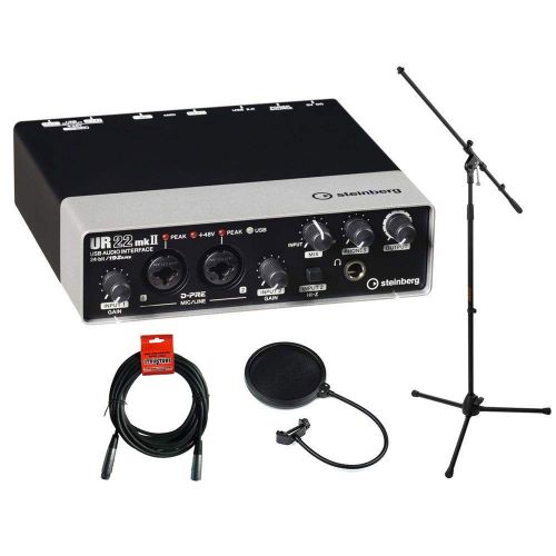  Steinberg UR22mkII USB 2.0 Audio Interface with Dual Microphone Preamps, MS-5230F Tripod Microphone Stand, XLR-XLR Cable & Pop Filter Kit