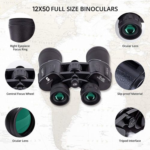  [아마존베스트]STELLARH 12x50 HD Full Size Binoculars for Adults Shockproof Resistant Includes Smartphone Adapter Universal Tripod Carrying Bag & Strap Great for Bird Watching Hunting Stargazing Sporting