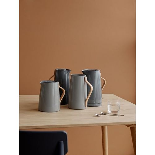  Stelton Emma Vacuum Jug Coffee - 1.2L Stainless Steel Thermal Insert, Double Wall Insulated Pitcher - Tea Pot and Hot Beverage Container with Beech Wood Handle, Easy-Click Lid, Glossy Finish (Grey)