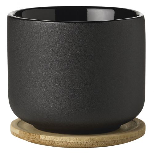  Stelton Theo Tea Mug with Coaster, Cup, Stoneware, Bamboo, Black/Brown, 200 ml, 2-Pcs., x-632