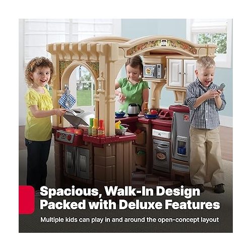 스텝2 Step2 Grand Walk-In Kitchen & Grill - Step2 Kitchen for Children - Large Play Kitchen with Grill, Microwave, Stovetop, & Refrigerator - 103-Piece Accessories Kit Included- Brown/Tan Maroon
