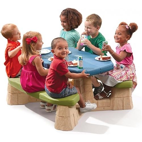 스텝2 Step2 Naturally Playful Kids Picnic Table With Umbrella, Durable Indoor/Outdoor Toys, Seating for 6 Children, Ages 3+ Years Old, Blue & Green