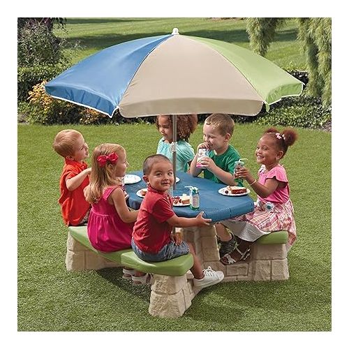스텝2 Step2 Naturally Playful Kids Picnic Table With Umbrella, Durable Indoor/Outdoor Toys, Seating for 6 Children, Ages 3+ Years Old, Blue & Green