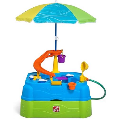 스텝2 Step2 Waterpark Wonders Two-Tier Water Table, Kids Water Activity Sensory Playset, Comes with Umbrella, Summer Outdoor Toys, 11 Piece Toy Accessories, for Toddlers 1.5+ Years Old