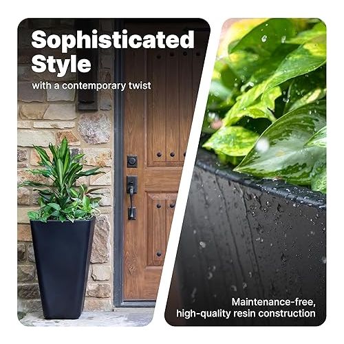 스텝2 Step2 Bridgeview Tall Square Planter Box, Large Outside All-Season All-Weather Gardening Pot for Patio and Front Porch, Onyx Black, 2-Pack