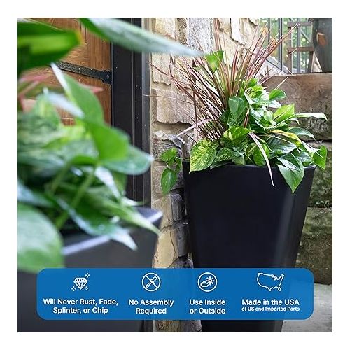 스텝2 Step2 Bridgeview Tall Square Planter Box, Large Outside All-Season All-Weather Gardening Pot for Patio and Front Porch, Onyx Black, 2-Pack