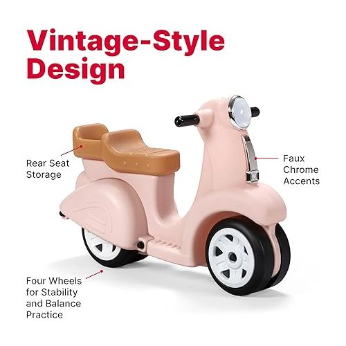 스텝2 Step2 Ride Along Scooter - Rose Pink - Ride On Toy with Vintage-Style Design, Foot-to-Floor Toddler Scooter with Four Wheels for Extra Stability