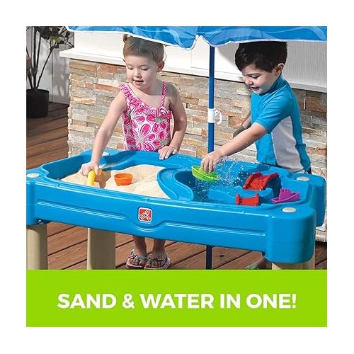 스텝2 Step2 Cascading Cove with Umbrella, Kids Sand and Water Activity Sensory Table, 6 Piece Accessory Kit, Toddler Summer Outdoor Toys, 1.5+ Years Old