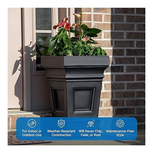 스텝2 Step2 Atherton Square Planter Box, Outside All-Season Planter, Gardening Pot for Patio or Front Porch Planter, Onyx Black, 2-Pack