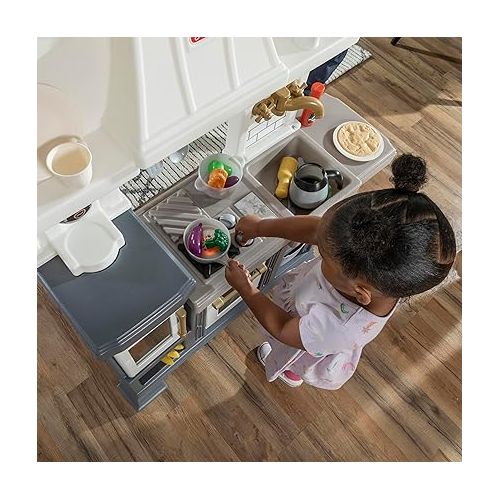 스텝2 Step2 Gilded Gourmet Kitchen Playset for Kids, Indoor/Outdoor Play Kitchen Set, Toddlers 2+ Years Old, 20+ Piece Kitchen Toy Set, Easy to Assemble, White, Blue, Gray