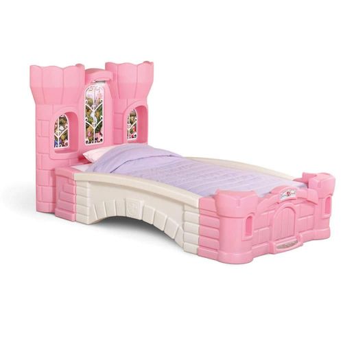 스텝2 Step2 Princess Palace Twin Bed for Girls - Kids Durable Plastic Platform Bed with Headboard, Mattress Support Board and Built-in Light, Pink/White