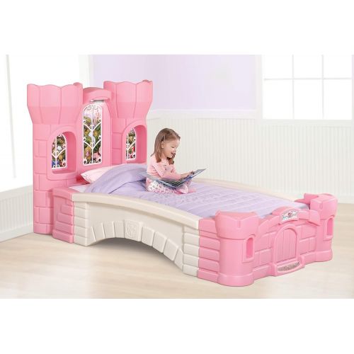 스텝2 Step2 Princess Palace Twin Bed for Girls - Kids Durable Plastic Platform Bed with Headboard, Mattress Support Board and Built-in Light, Pink/White