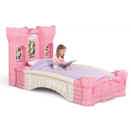 스텝2 Step2 Princess Palace Twin Bed for Girls - Kids Durable Plastic Platform Bed with Headboard, Mattress Support Board and Built-in Light, Pink/White