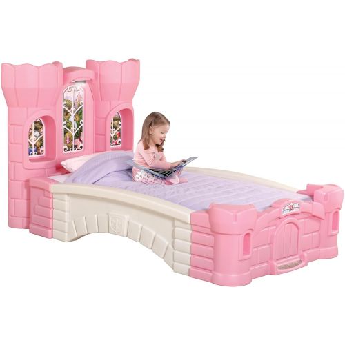 스텝2 Step2 Princess Palace Twin Bed for Girls - Kids Durable Plastic Platform Bed with Headboard, Mattress Support Board and Built-in Light, Pink/White