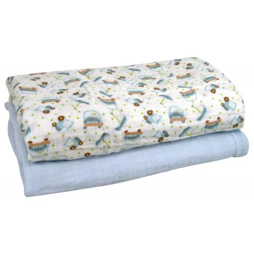  Stephan Baby Cotton Muslin Swaddle Blankets Gift Set, Solid Blue and Cars, 2 Piece