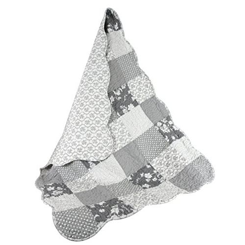  [아마존베스트]Stephan Baby Reversible Pieced Crib Quilt, Gray and White Florals and Dots with Scalloped Hem