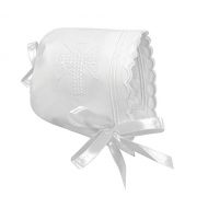 Stephan Baby Keepsake Cutwork Handkerchief Christening Bonnet with Scalloped Hem, White