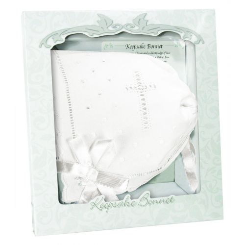  Stephan Baby Keepsake Cutwork Handkerchief Christening Bonnet with Scalloped Hem, White