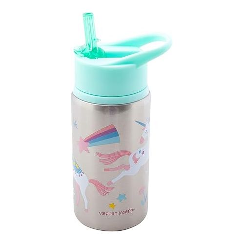  Stephen Joseph Stainless Steel Water Bottles, 18 OZ, Straw lid, Reusable tumbler, Insulated, Unicorn