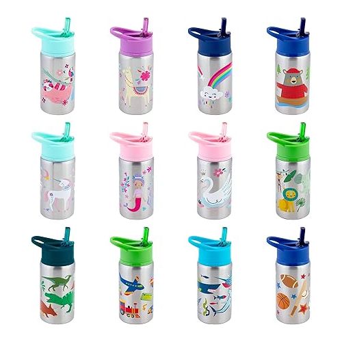  Stephen Joseph Stainless Steel Water Bottles, 18 OZ, Straw lid, Reusable tumbler, Insulated, Unicorn