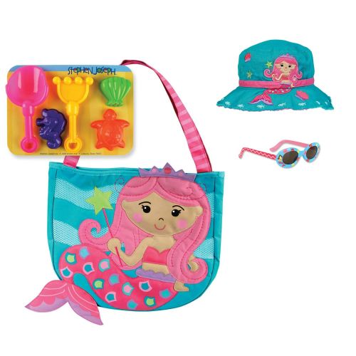  Stephen Joseph Mermaid Beach Tote Bag with Mermaid Bucket Hat and Sunglasses for Kids