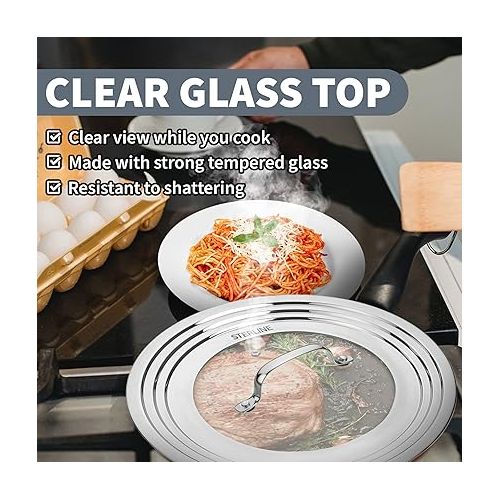  Universal Lids Set with Tempered Glass Top - Fits 5-12 Inch Pots, Pan, and Skillets - Set of 2, Large and Small, Stainless Steel Replacement Pot Lid for Kitchen Organizing, Space Saving