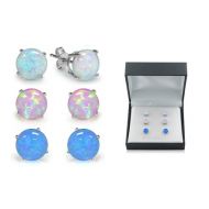 Sterling Silver Trio Blue, White, and Pink Opal Earring Set (3-Pair)