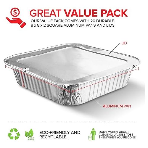  8x8 Foil Pans with Lids (20 Pack) 8 Inch Square Aluminum Pans with Covers -Disposable Food Containers Great for Baking Cake, Cooking, Heating, Storing, Prepping Food