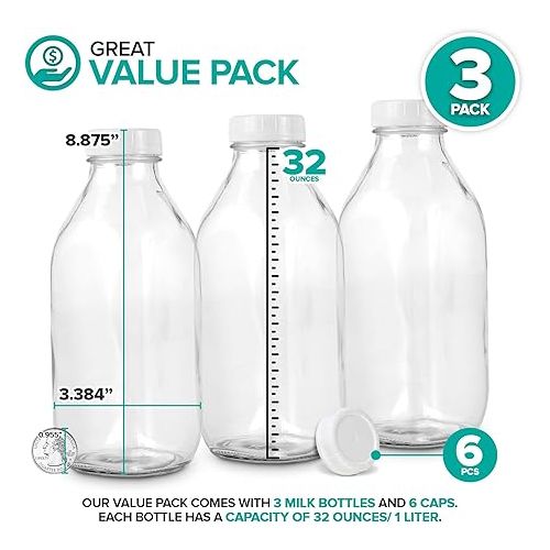  Stock Your Home Liter Glass Milk Bottle with Lid (3 Pack) 32 Oz Jugs and 6 White Caps, Reusable Food Grade Milk Container for Refrigerator, Bottles for Juice, Oat or Plant Milks, Water, Honey