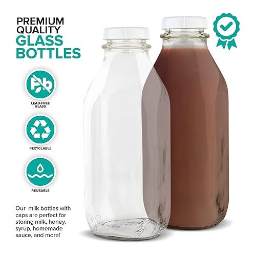  Stock Your Home Liter Glass Milk Bottle with Lid (3 Pack) 32 Oz Jugs and 6 White Caps, Reusable Food Grade Milk Container for Refrigerator, Bottles for Juice, Oat or Plant Milks, Water, Honey