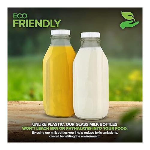  Stock Your Home Liter Glass Milk Bottle with Lid (3 Pack) 32 Oz Jugs and 6 White Caps, Reusable Food Grade Milk Container for Refrigerator, Bottles for Juice, Oat or Plant Milks, Water, Honey