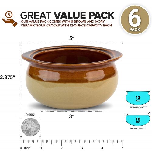  [아마존베스트]Stock Your Home French Onion Soup Crocks (6 Count) - 12 Ounce Oven Safe French Onion Soup Bowls - Two-Toned Brown & Ivory Ceramic Porcelain Soup Bowls