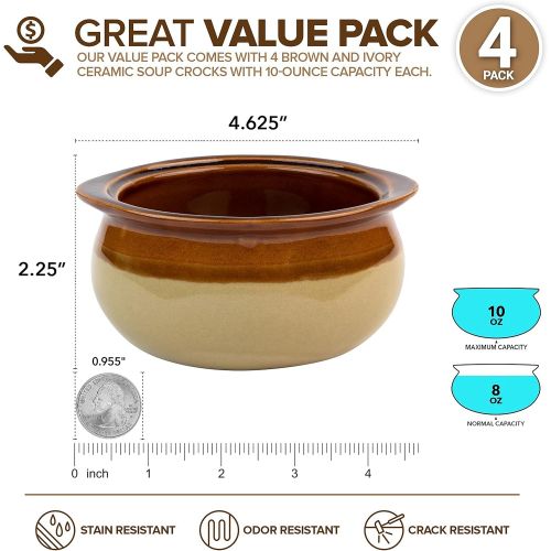  [아마존베스트]Stock Your Home French Onion Soup Crocks (4 Count) - 10 Ounce Oven Safe French Onion Soup Bowls - Two-Toned Brown & Ivory Ceramic Porcelain Soup Bowls - Stoneware Crocks for Soup,