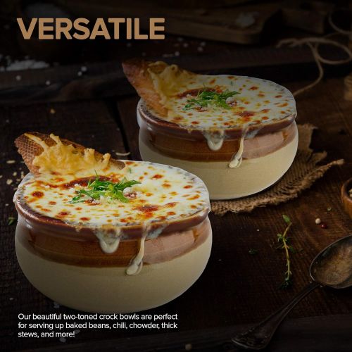  [아마존베스트]Stock Your Home French Onion Soup Crocks (4 Count) - 10 Ounce Oven Safe French Onion Soup Bowls - Two-Toned Brown & Ivory Ceramic Porcelain Soup Bowls - Stoneware Crocks for Soup,