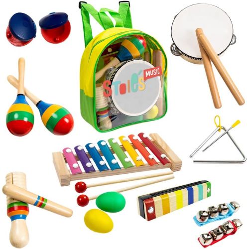  [아마존베스트]Stoies 17 pcs Musical Instruments Set for Toddler and Preschool Kids Music Toy - Wooden Percussion Toys for Boys and Girls Includes Xylophone - Promotes Early Development and Educa