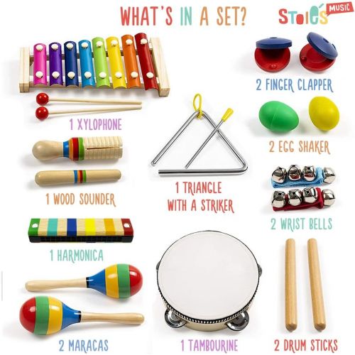  [아마존베스트]Stoies 17 pcs Musical Instruments Set for Toddler and Preschool Kids Music Toy - Wooden Percussion Toys for Boys and Girls Includes Xylophone - Promotes Early Development and Educa